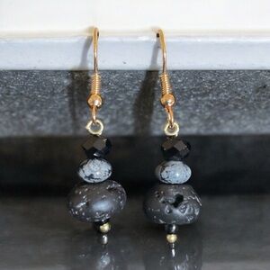 Black Lava Rock And Cristobalite Snowflake Obsidian and Gold Dangle Earrings